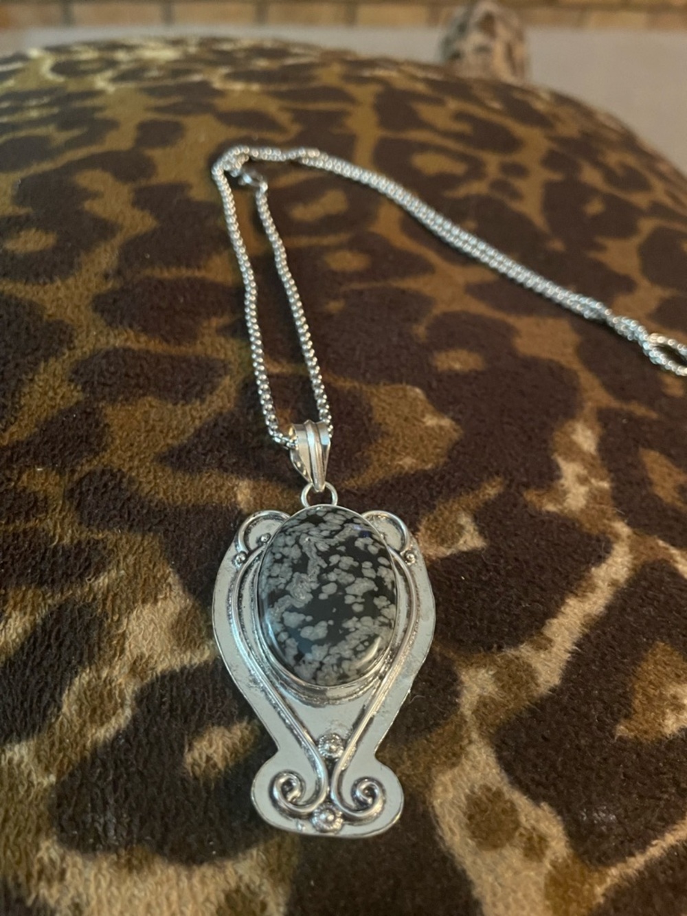 Silver Snowflake Obsidian Drop Pendant Necklace - Black and White